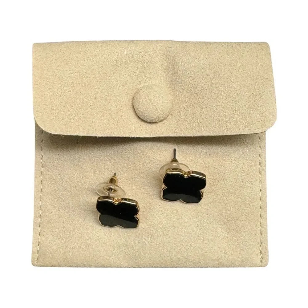 Four Leaf Clover Pattern Black and Gold Post Earrings with Velvet Case NWT